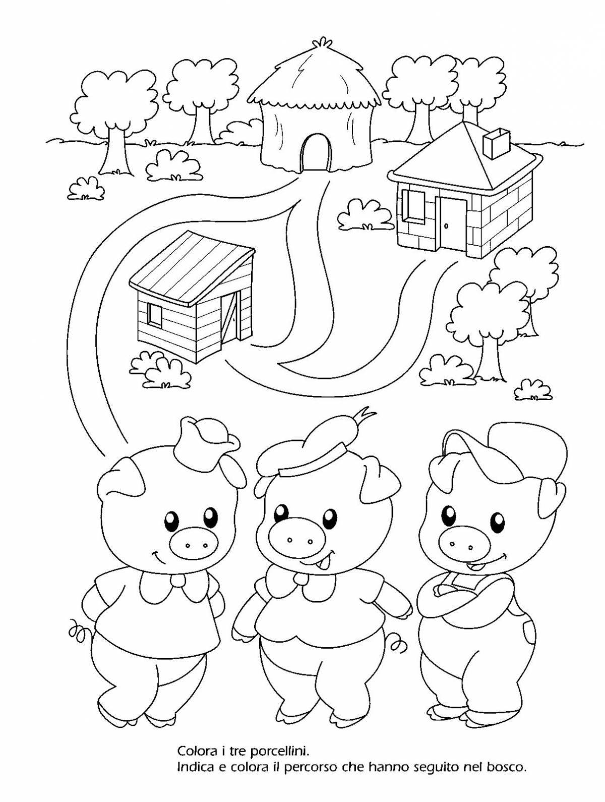 Colorful coloring three little pigs for preschoolers