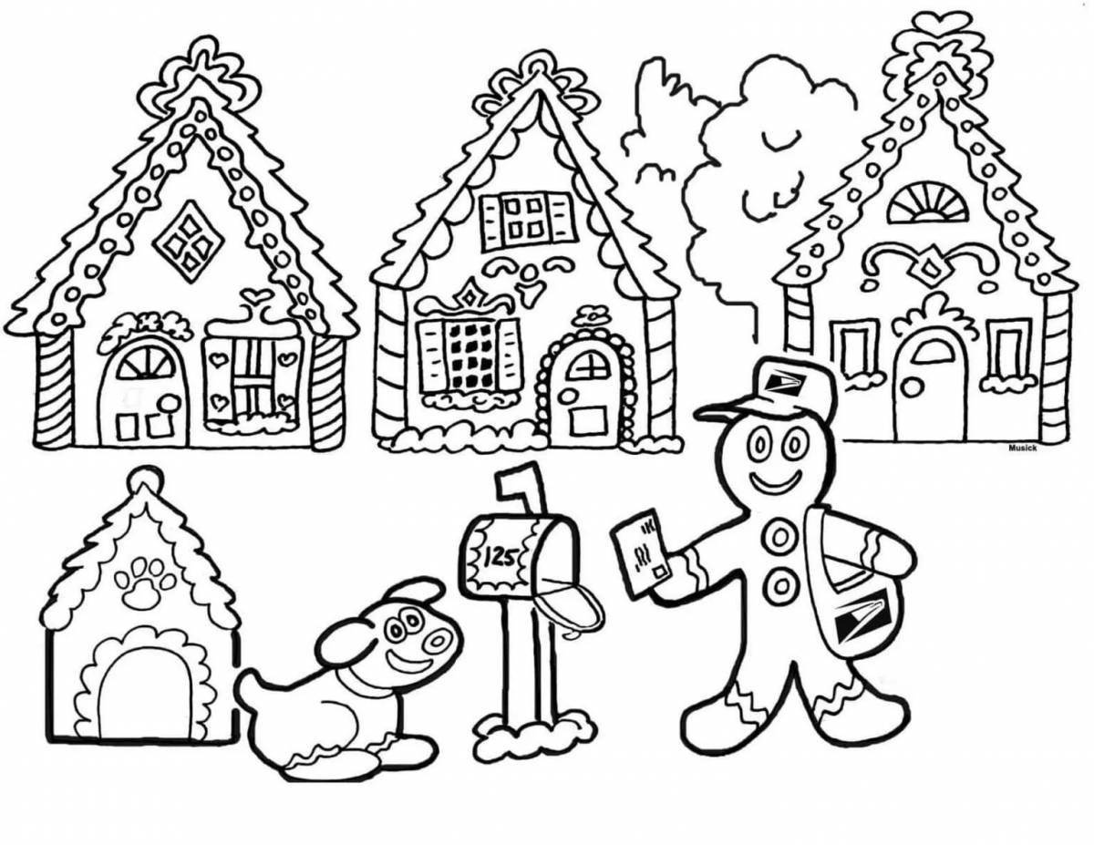 Coloring page happy gingerbread house for kids