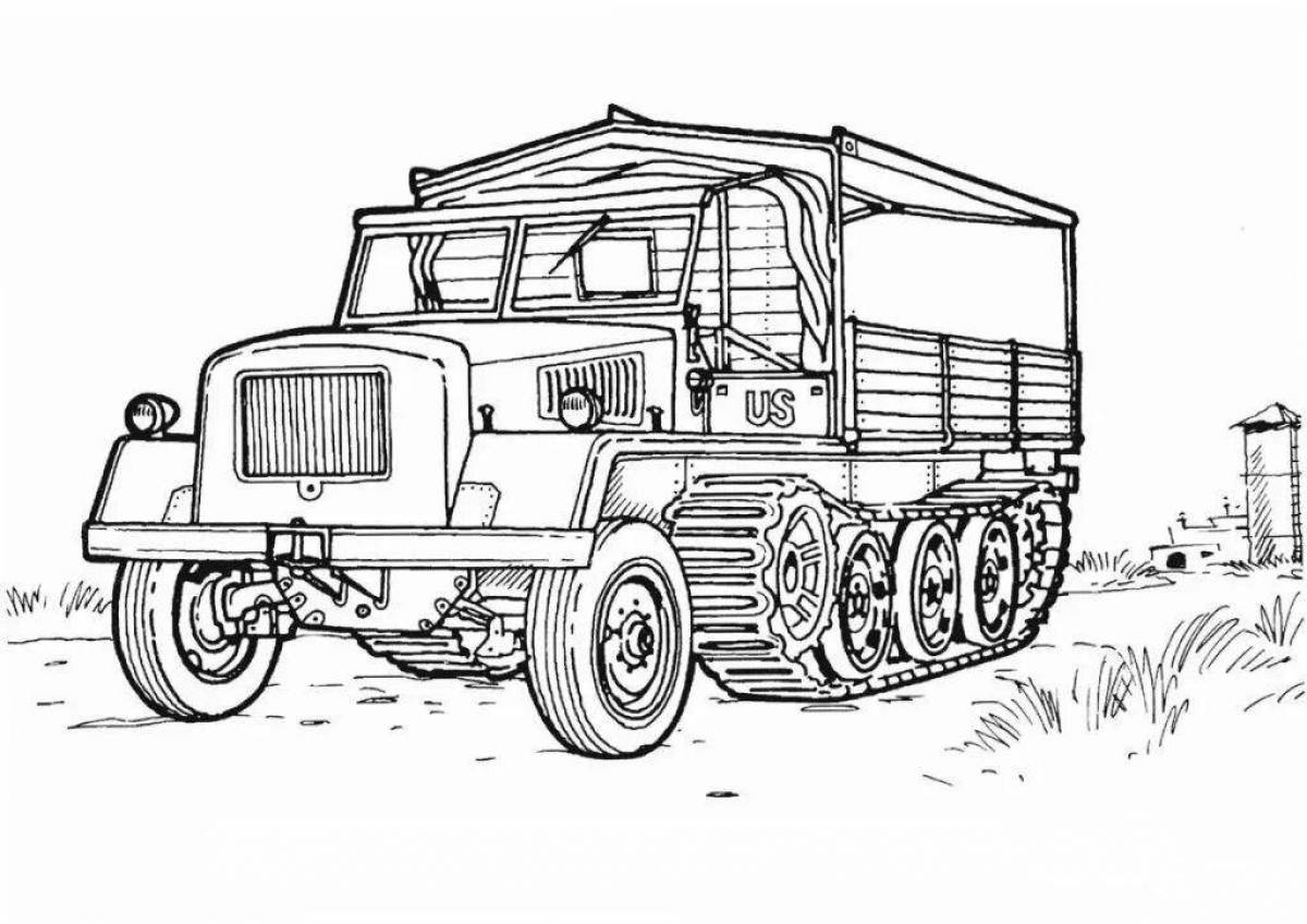 Colorful military vehicle coloring book for kids