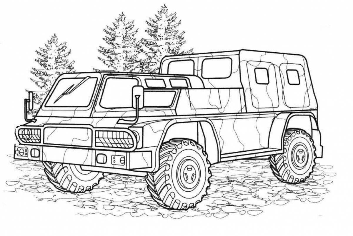 Playful military vehicle coloring page for kids