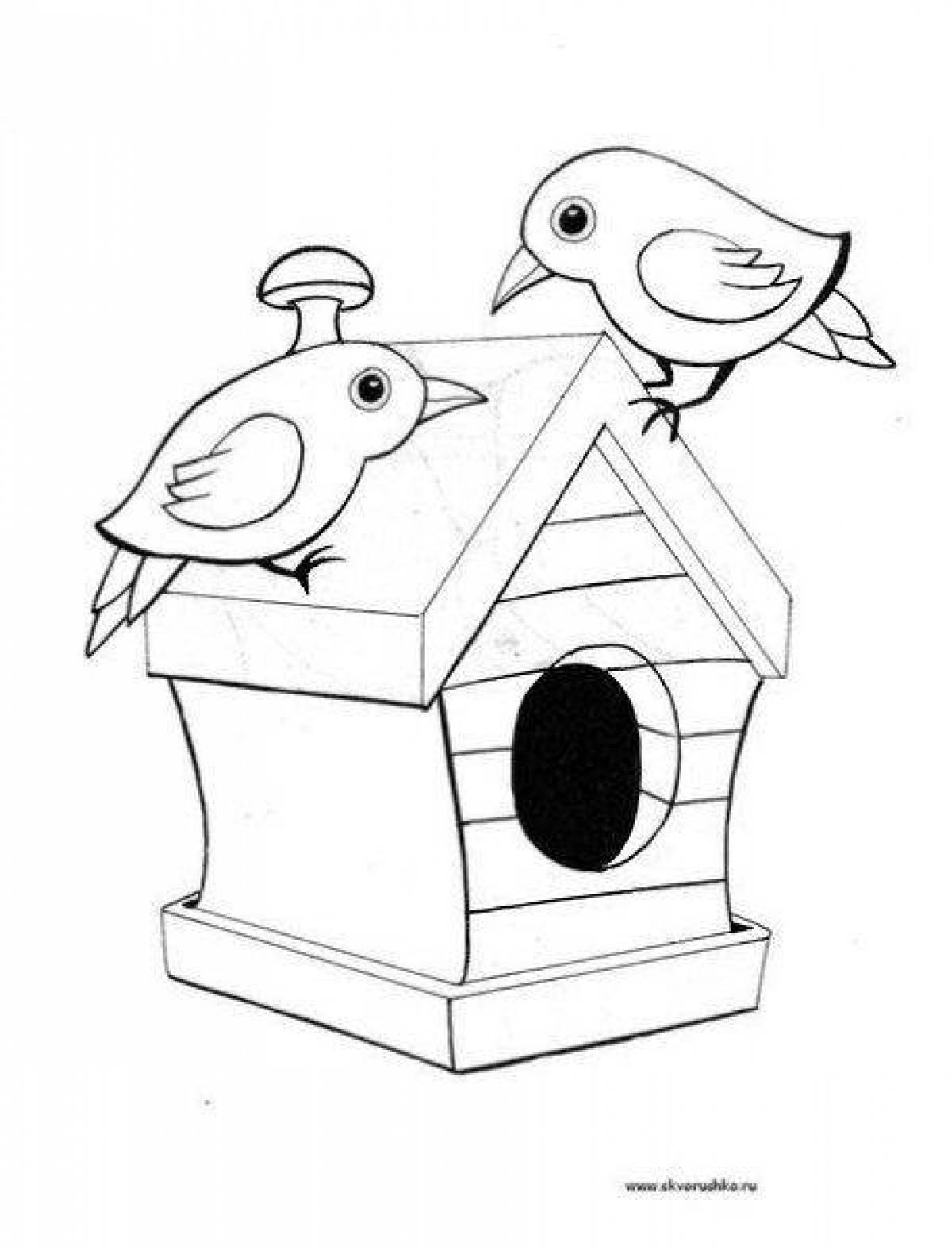 Playful birdhouse coloring page for kids