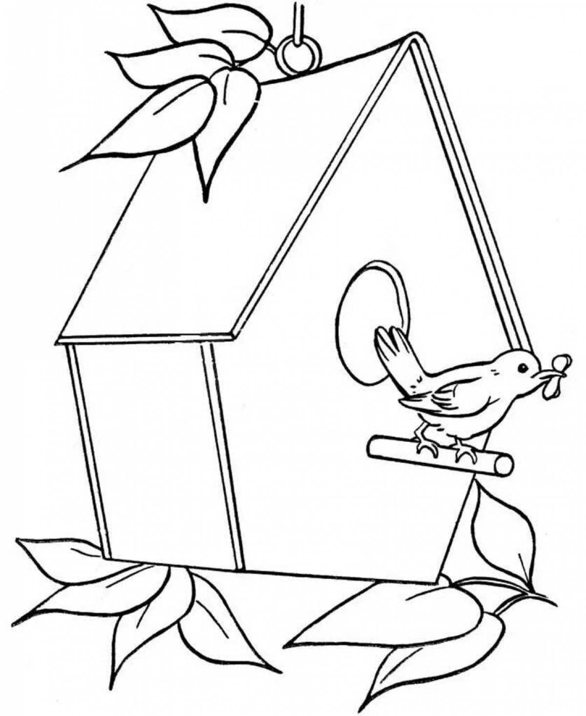 Coloring birdhouse with colored splashes for children