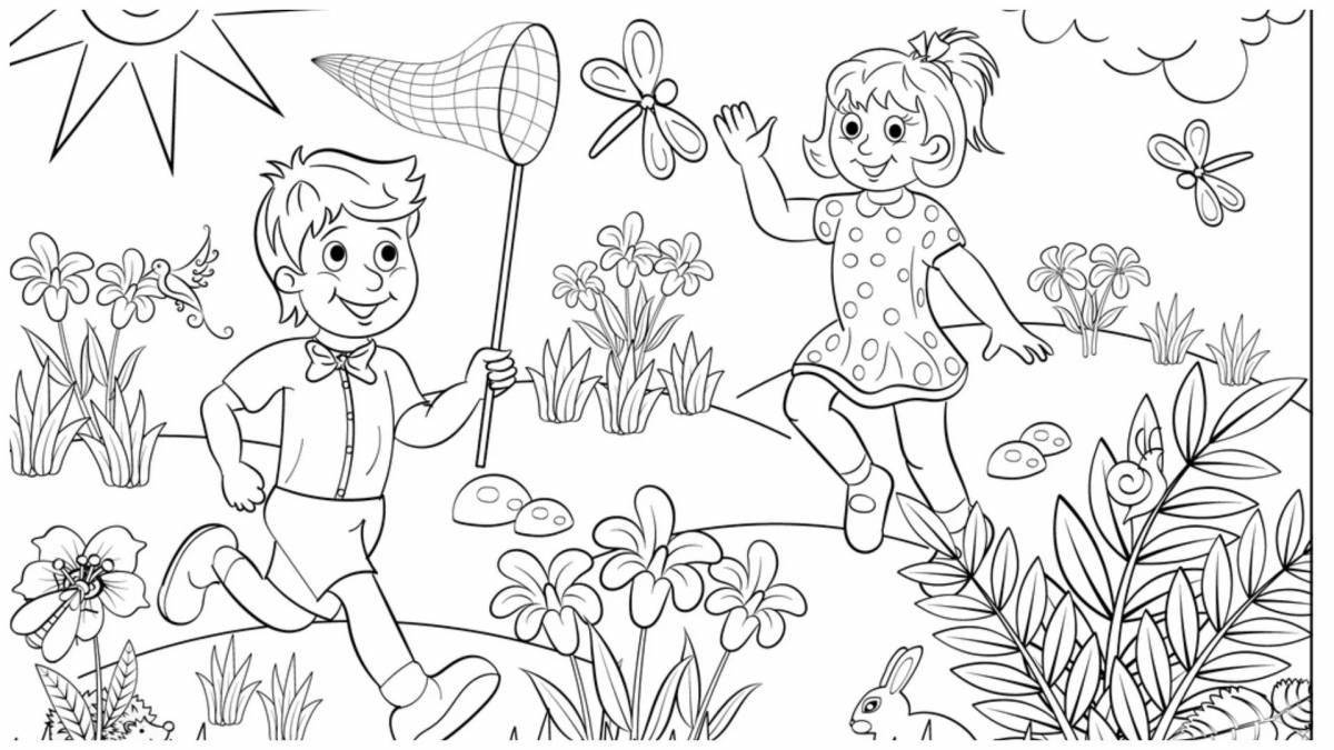 Дети летом в лесу - скачать и распечатать раскраску. Девочки в лесу собирают грибы и ягоды