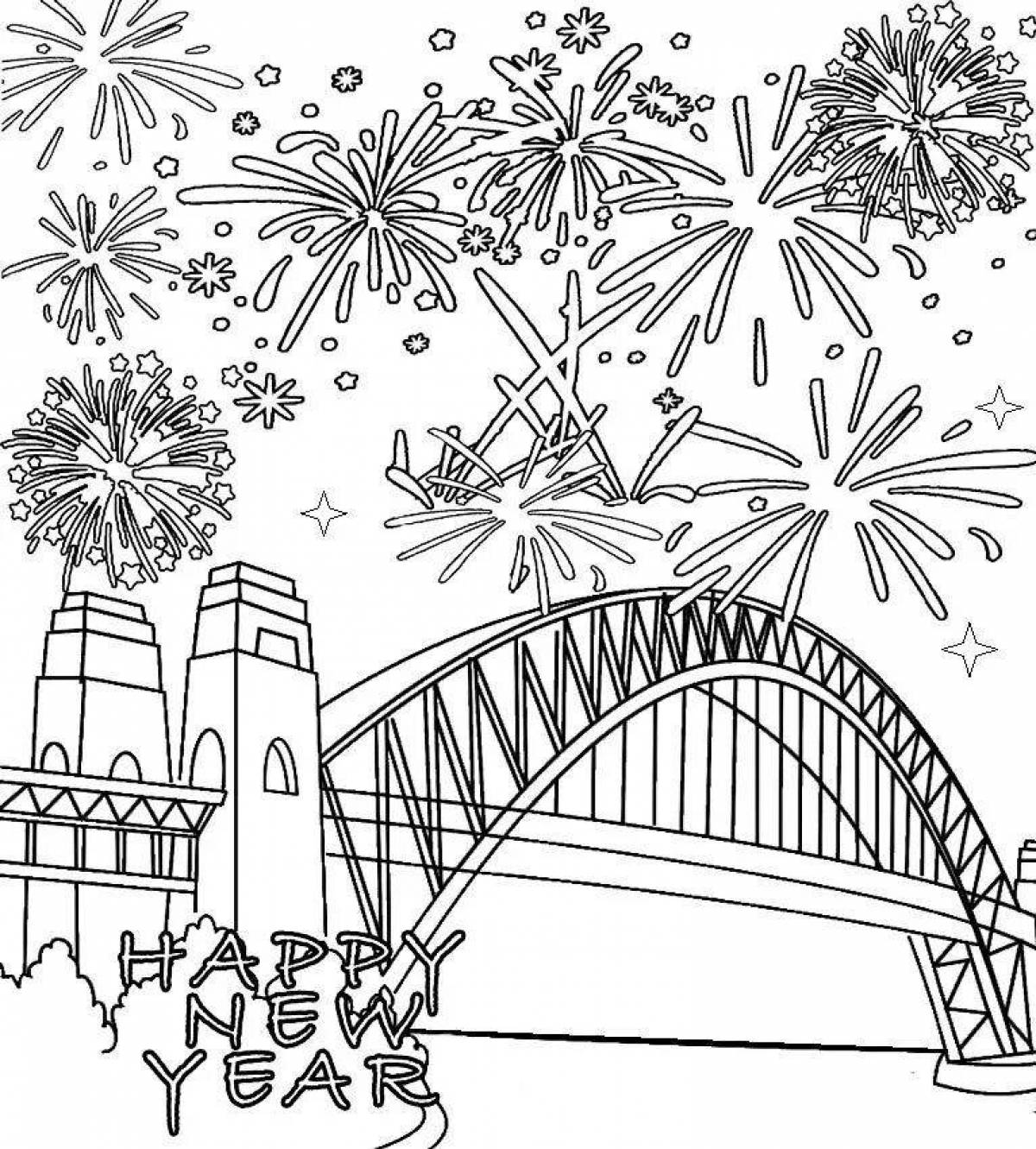 Coloring book glowing fireworks
