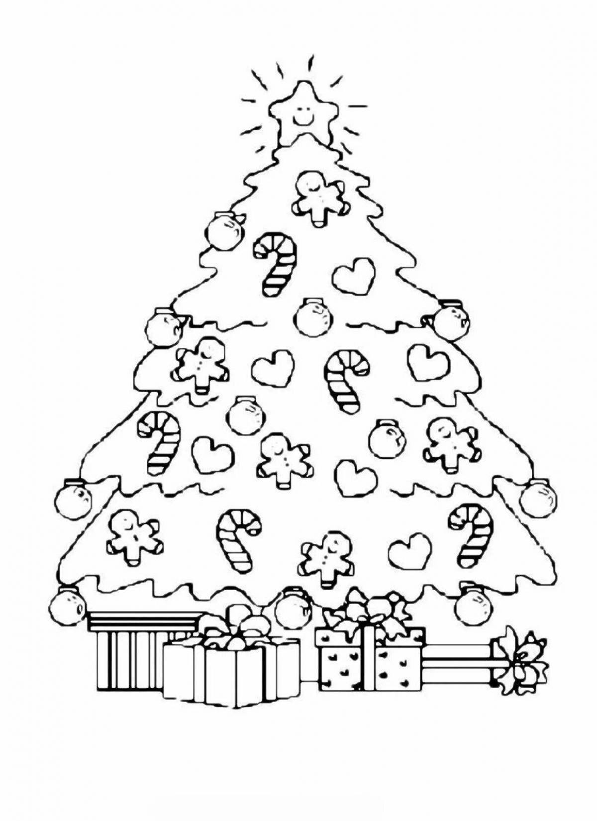 Украшенная раскраска рождественская елка с шарами