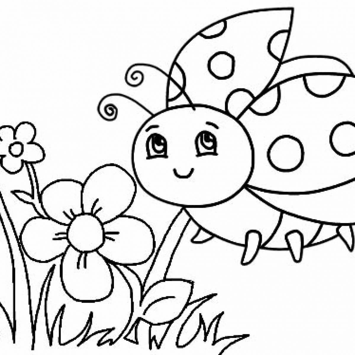 Ladybug Beetle and Flowers Coloring Page
