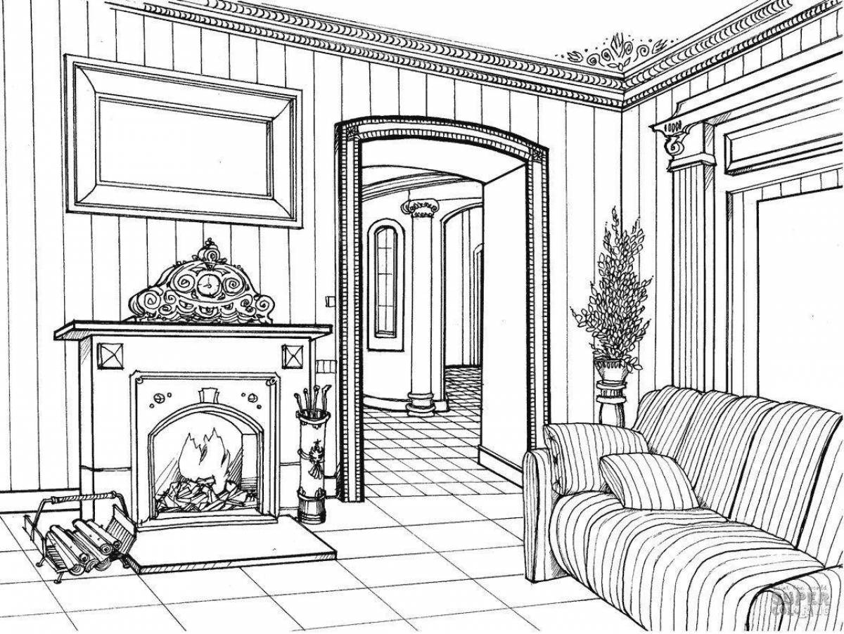 Charming room interior coloring book