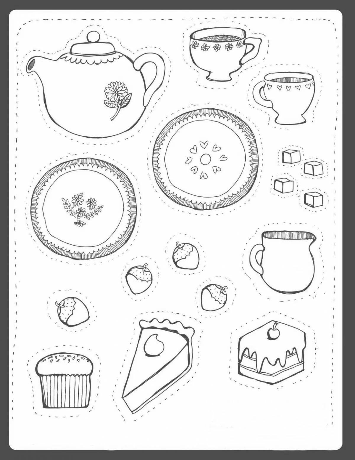 Coloring page for an exciting tea set