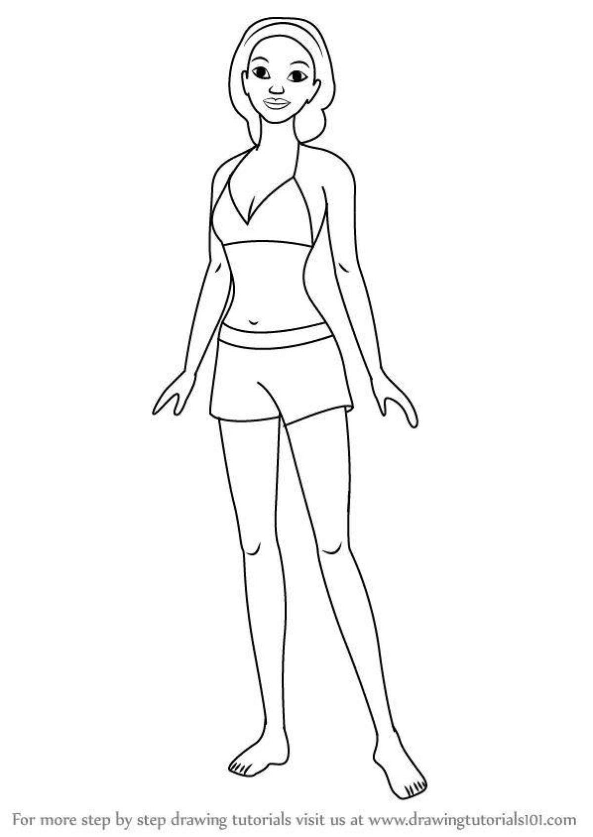 Blooming coloring girl in a bathing suit