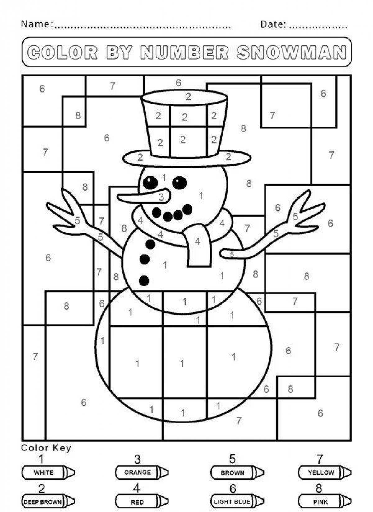 Holiday snowman coloring by numbers