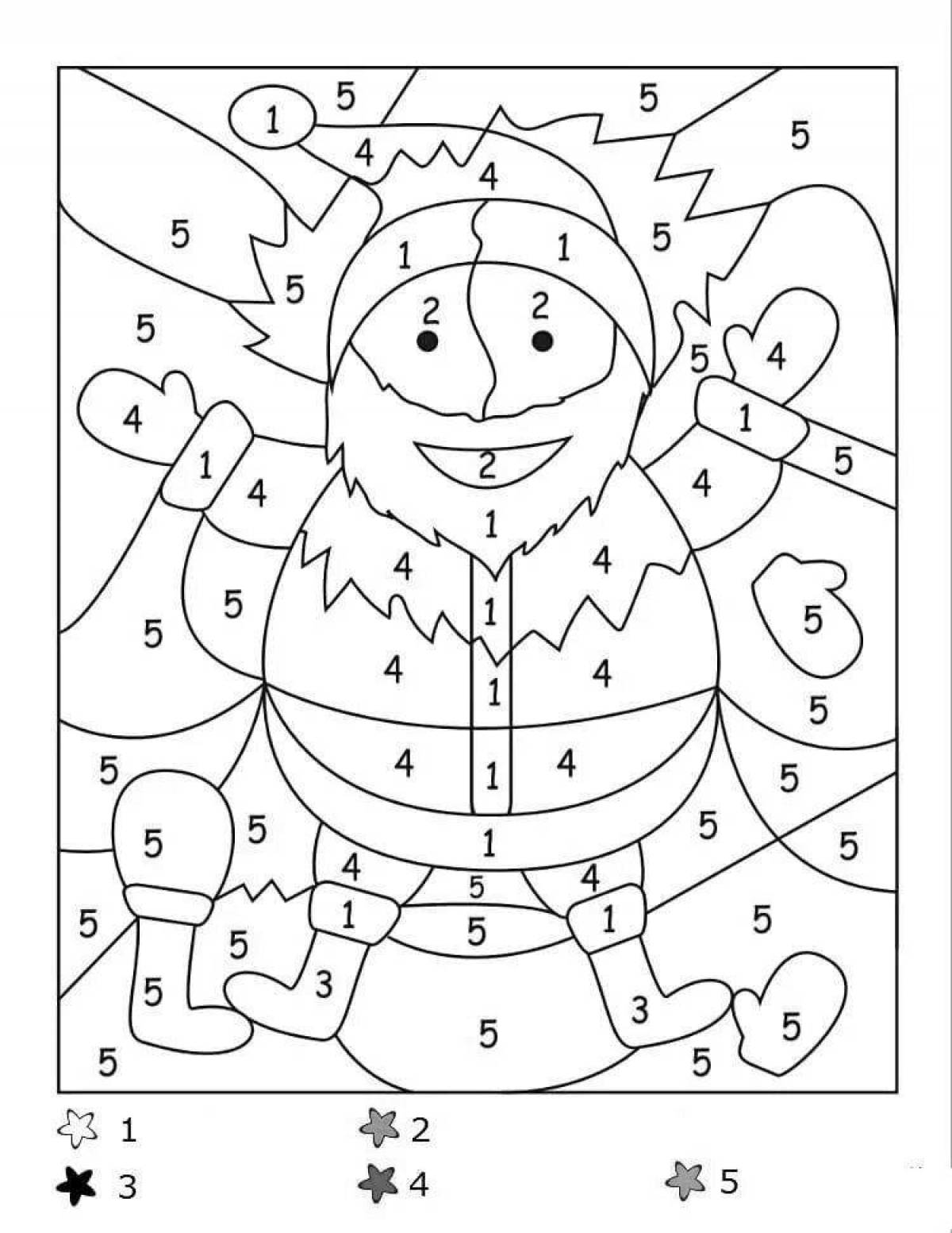 Bright coloring snowman by numbers
