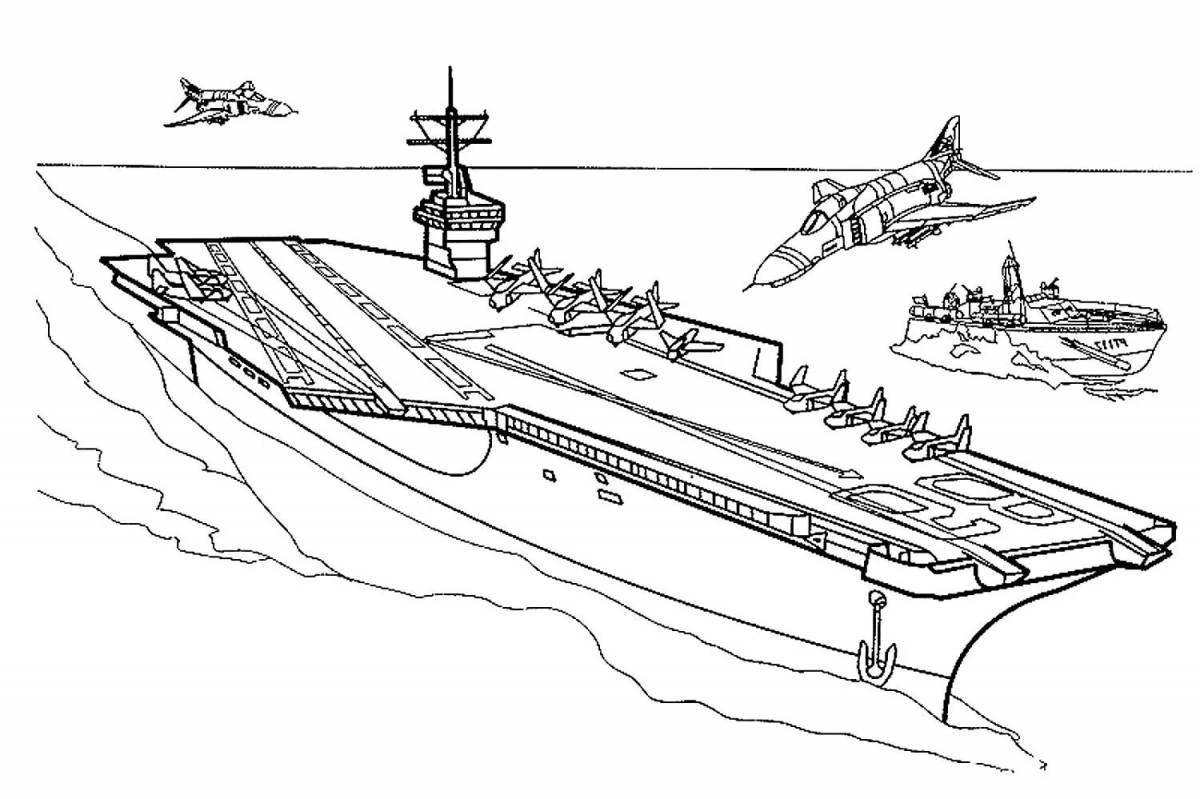 Красочная страница раскраски военного корабля для детей