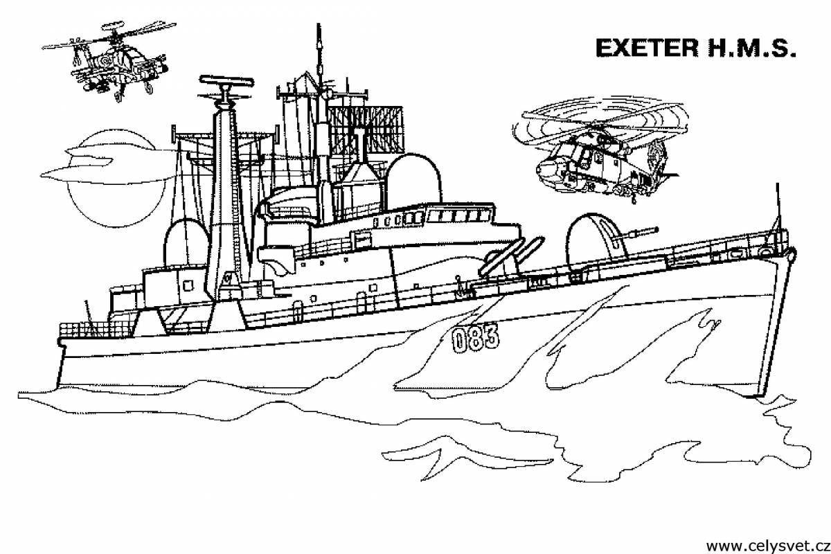 Animated warship coloring page for kids