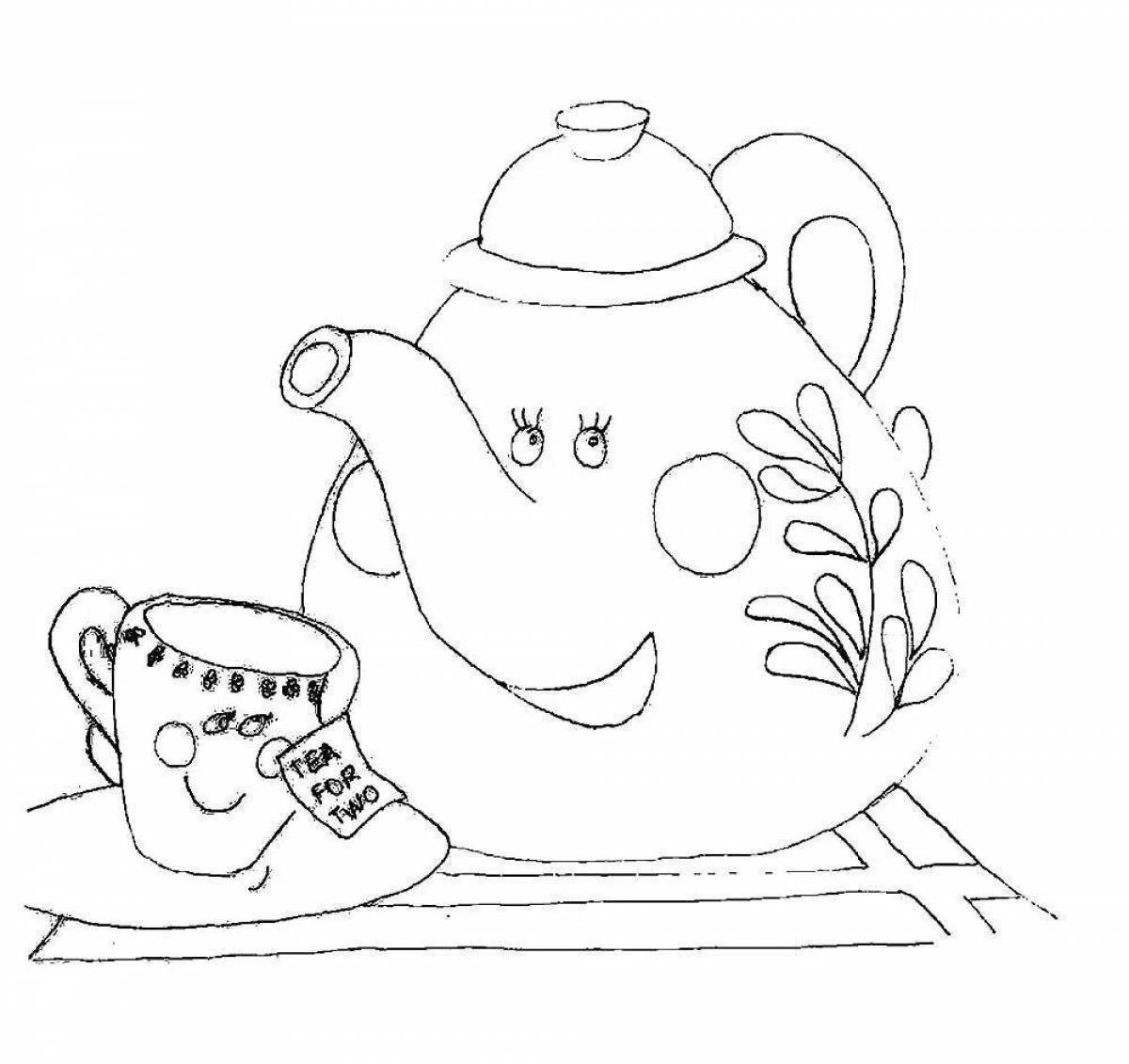 Playful coloring book with teapot and cup for toddlers