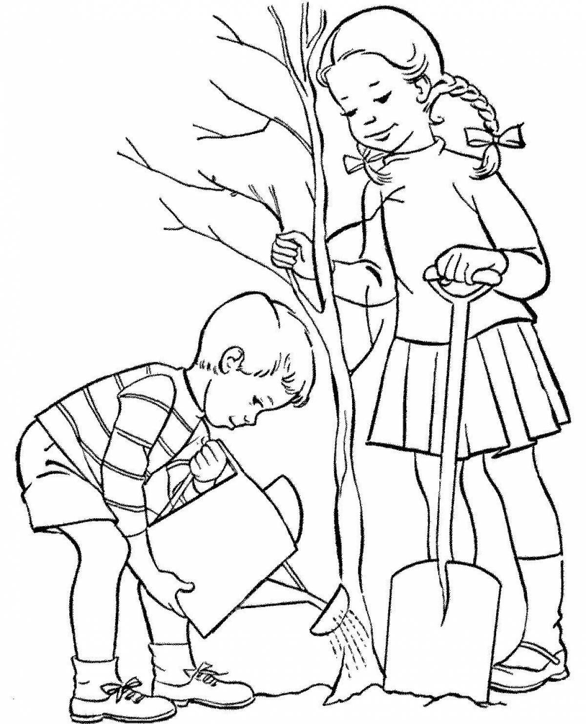 Girl and boy planting a tree