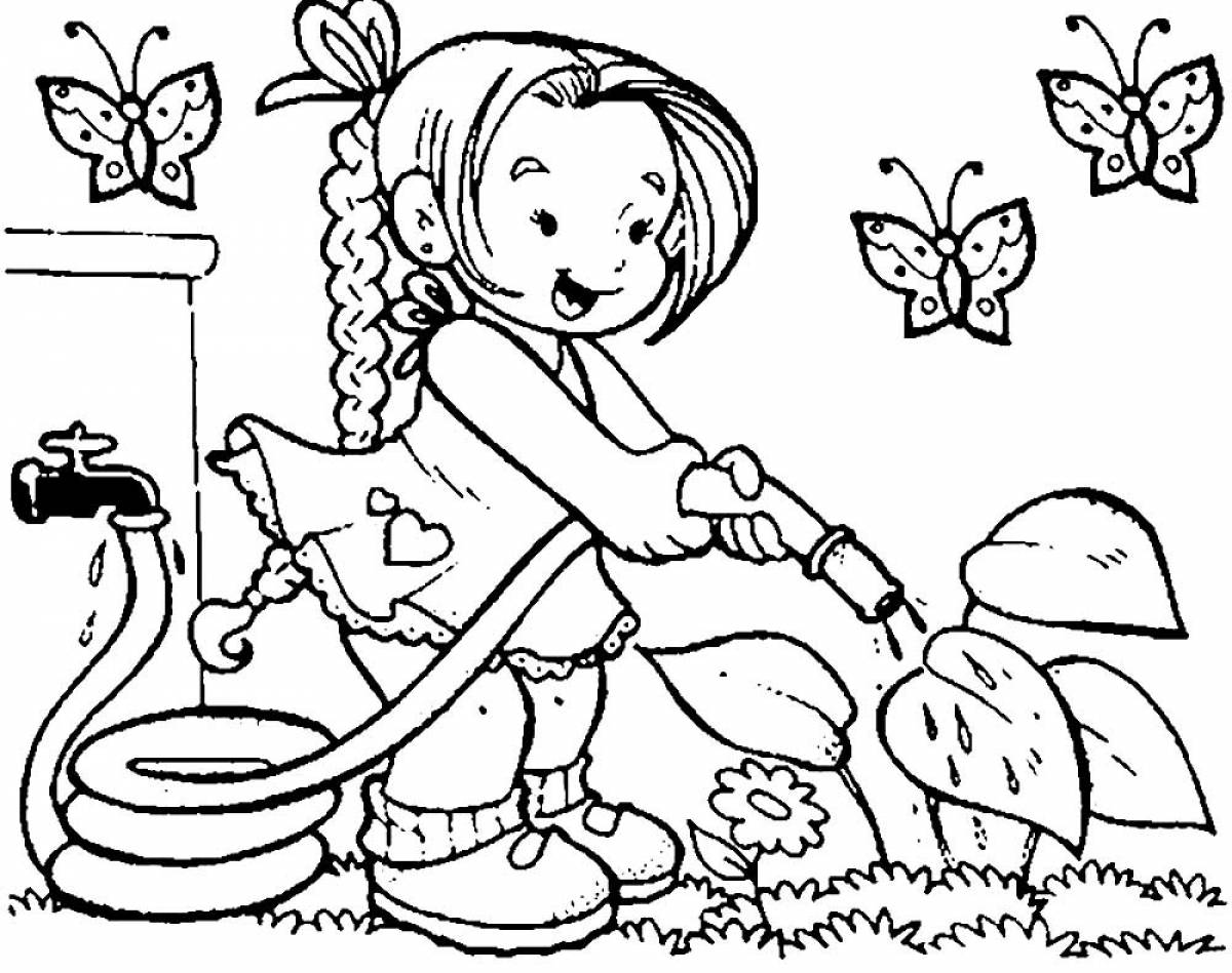 Девочка поливает огород