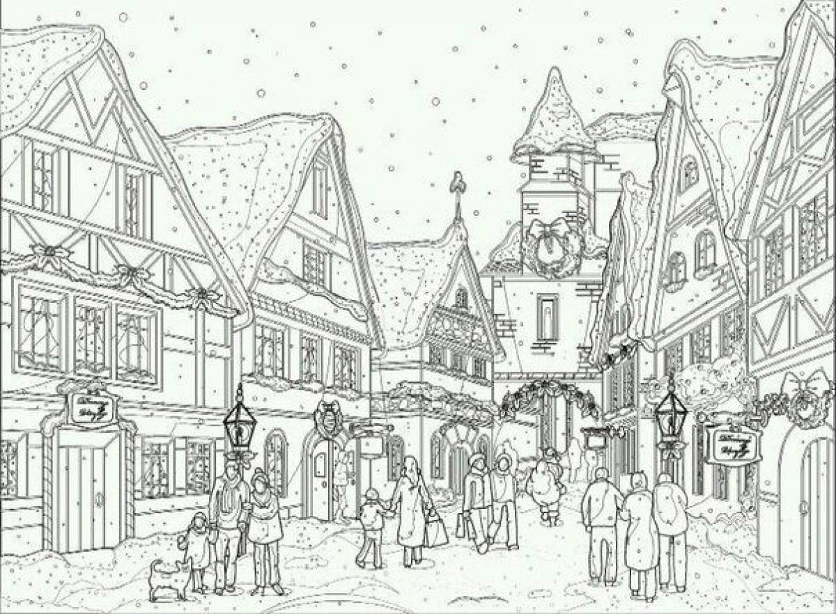 Winter city coloring page