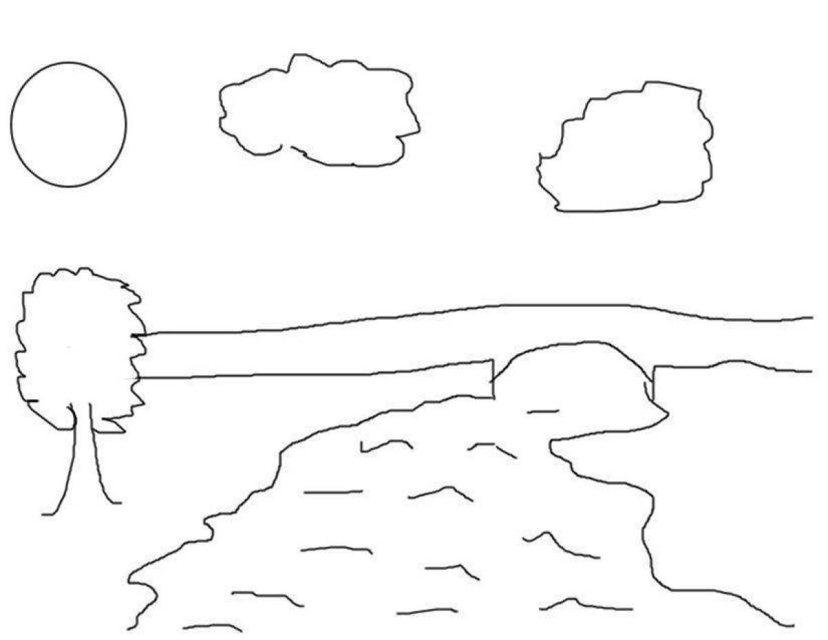 Рисунок реки озера или моря. Речка раскраска для детей. Раскраска. У реки. Пейзаж шаблон для рисования. Летний пейзаж раскраска.