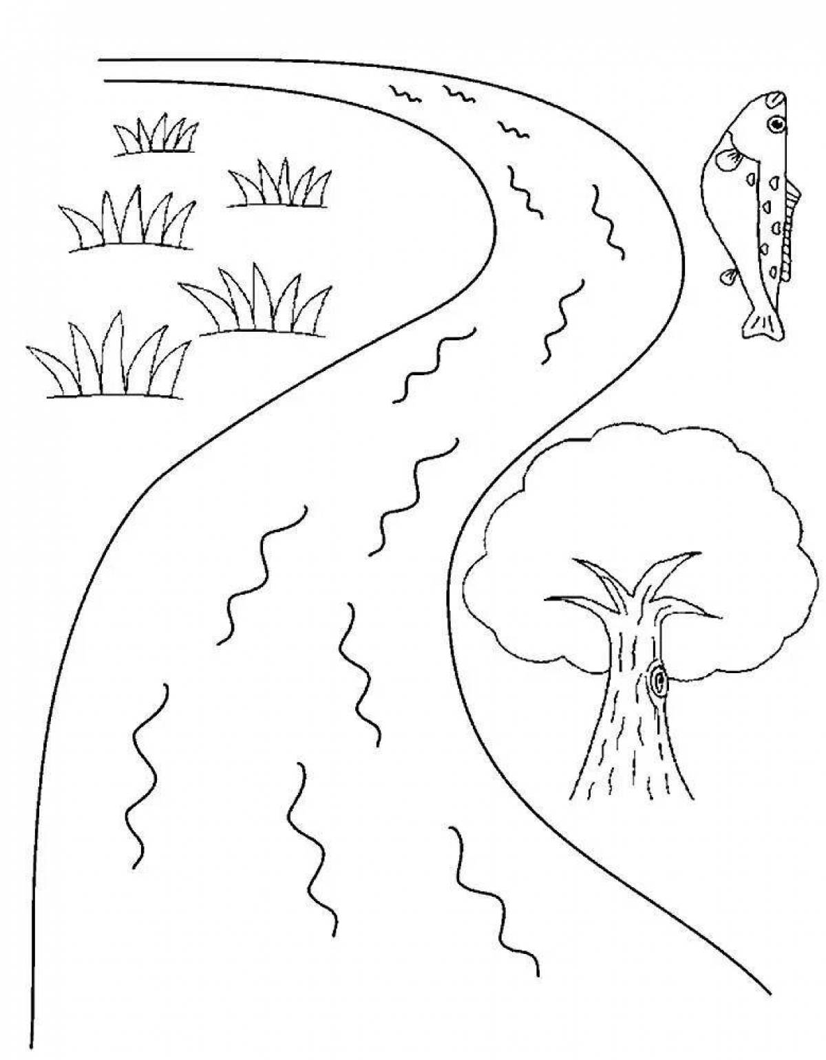 Задание день реки. Раскраска. У реки. Река раскраска для детей. Весенние раскраски для детей. Ручей раскраска для детей.