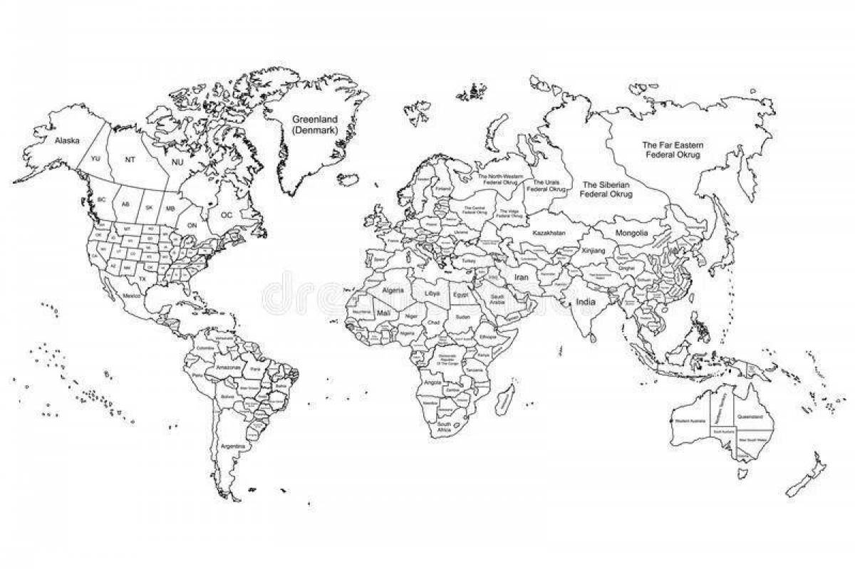 Чёрно белая карта мира для печати