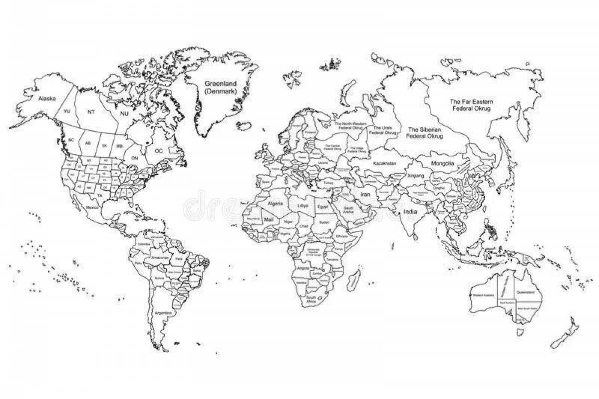 Карта мира раскраска с названиями стран