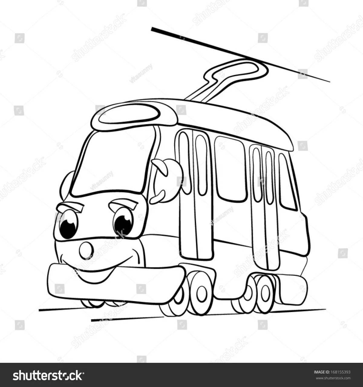 Яркая раскраска трамвая для детей