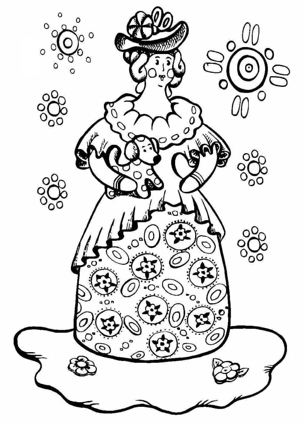Coloring page charming young lady Dymkovo for children
