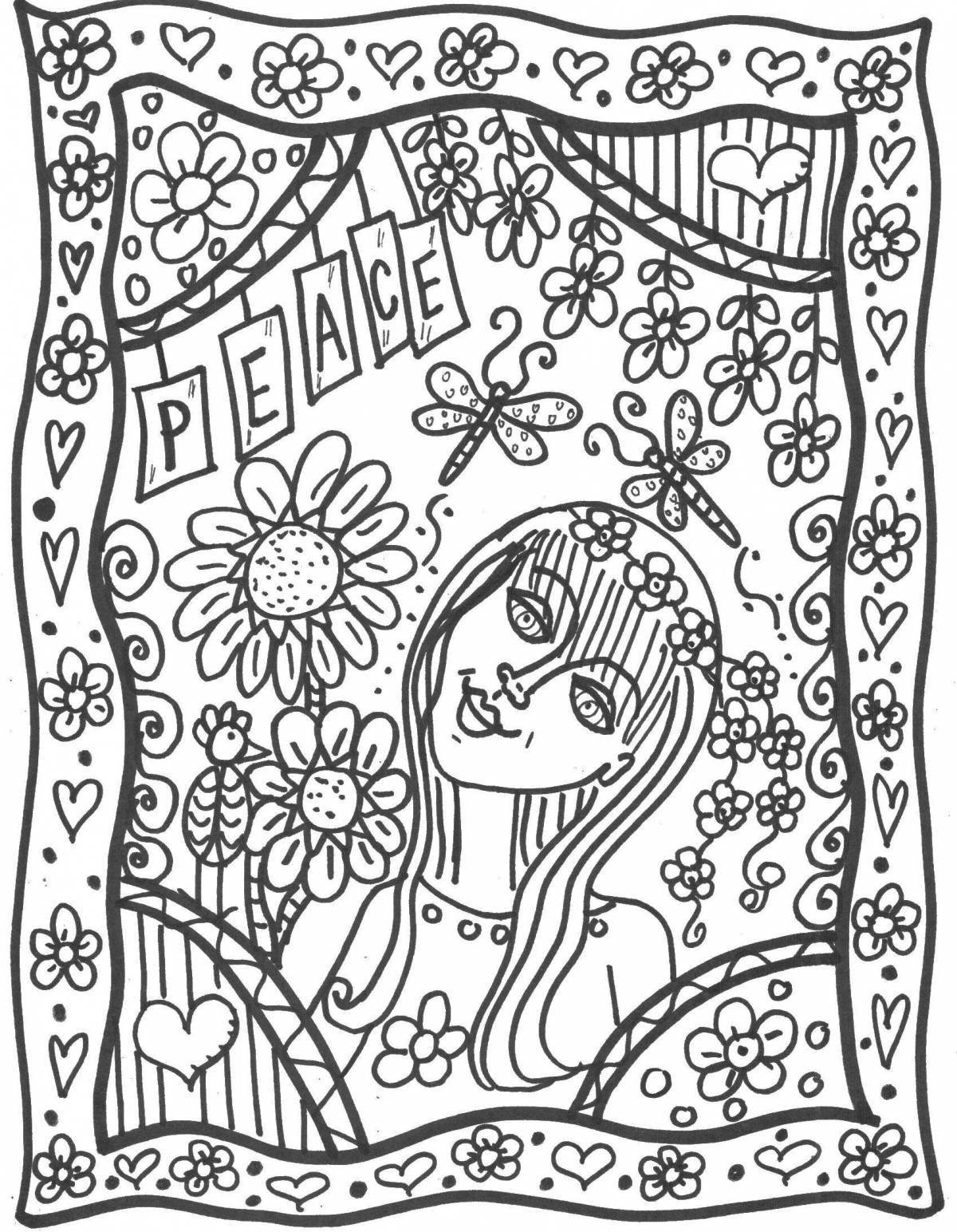 Happy hippie coloring page