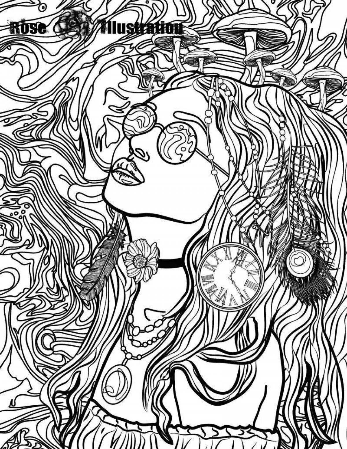 Peaceful hippie coloring page