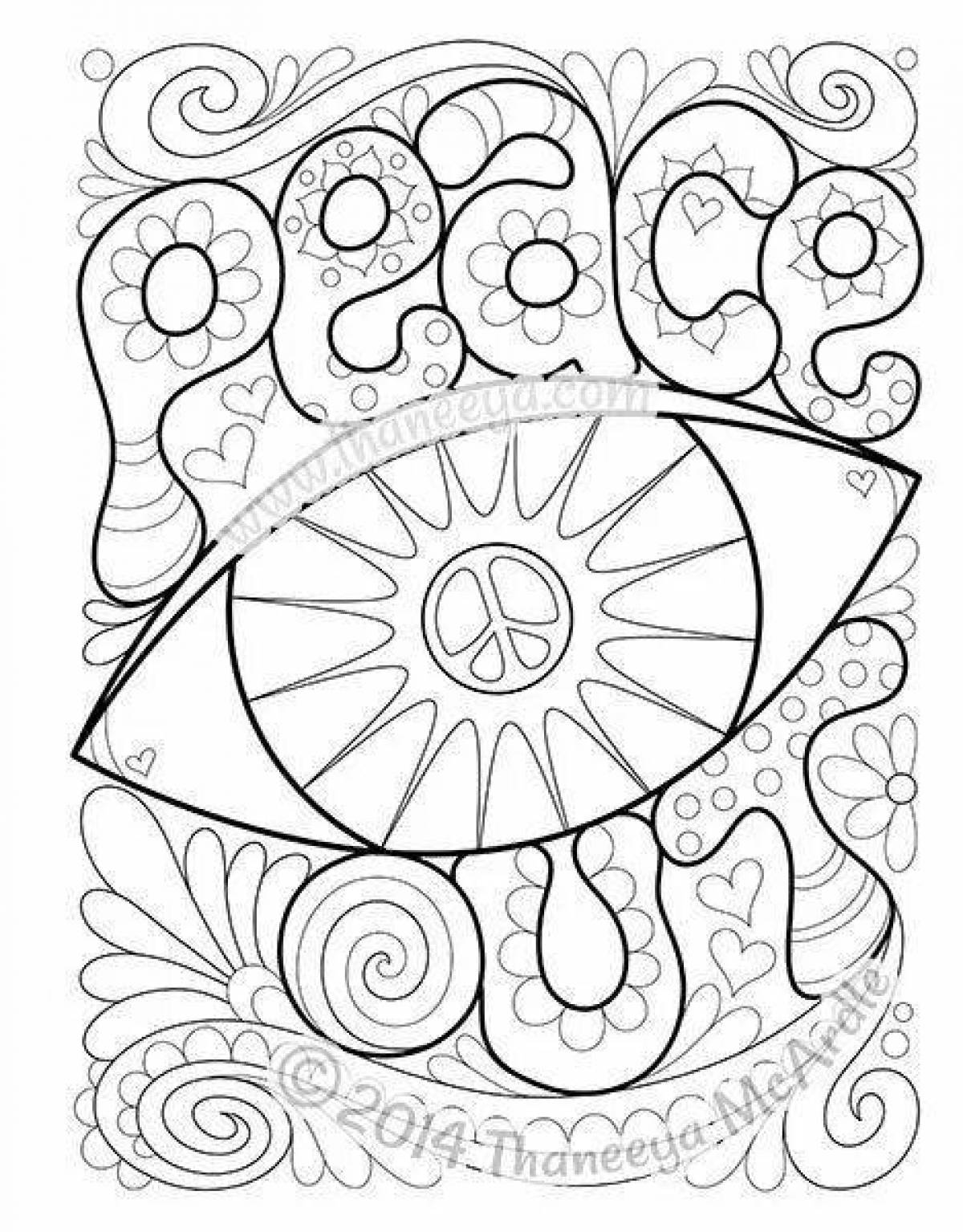 Hippie coloring page overflowing with colors