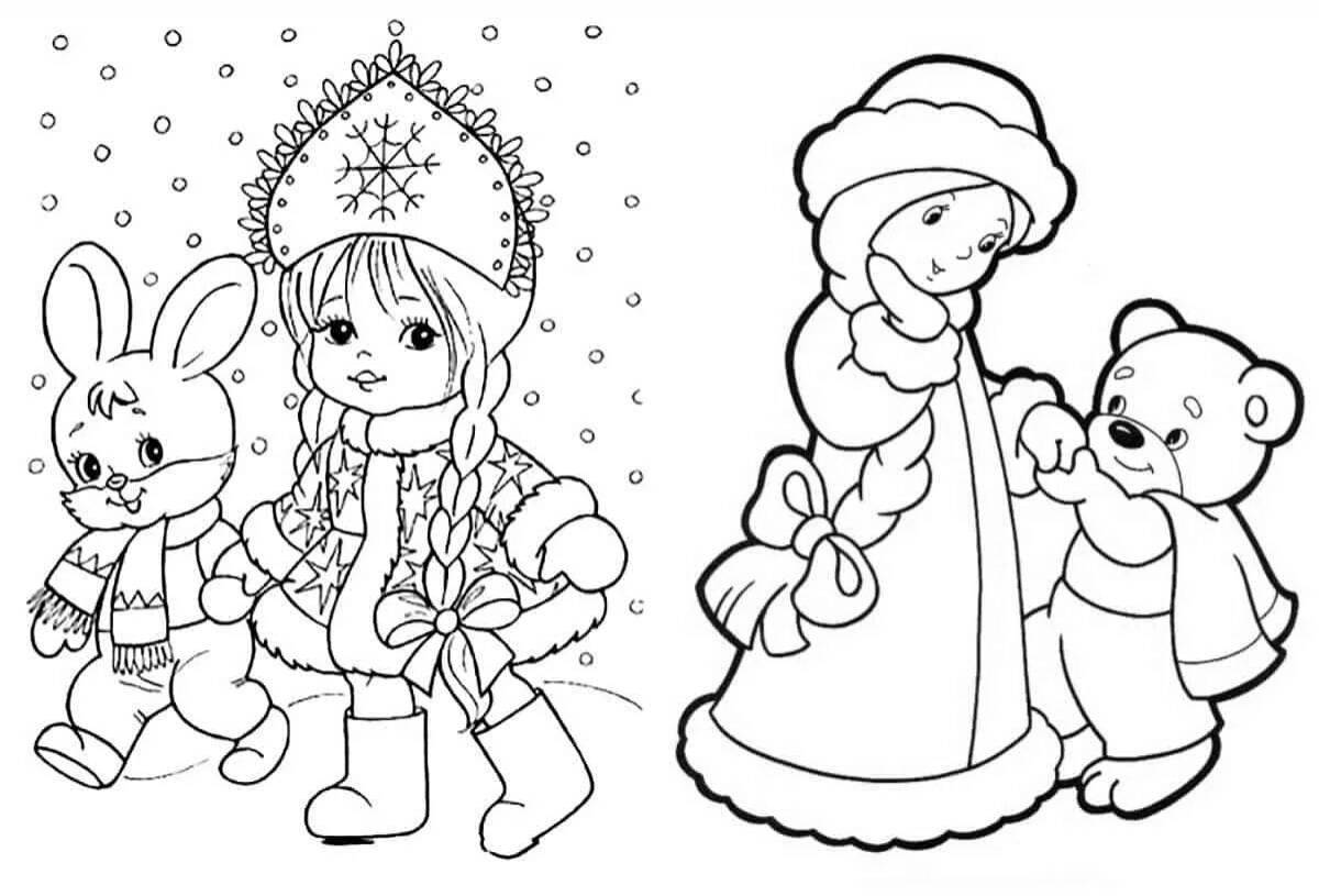 Славный санта-клаус и снегурочка рождественская раскраска
