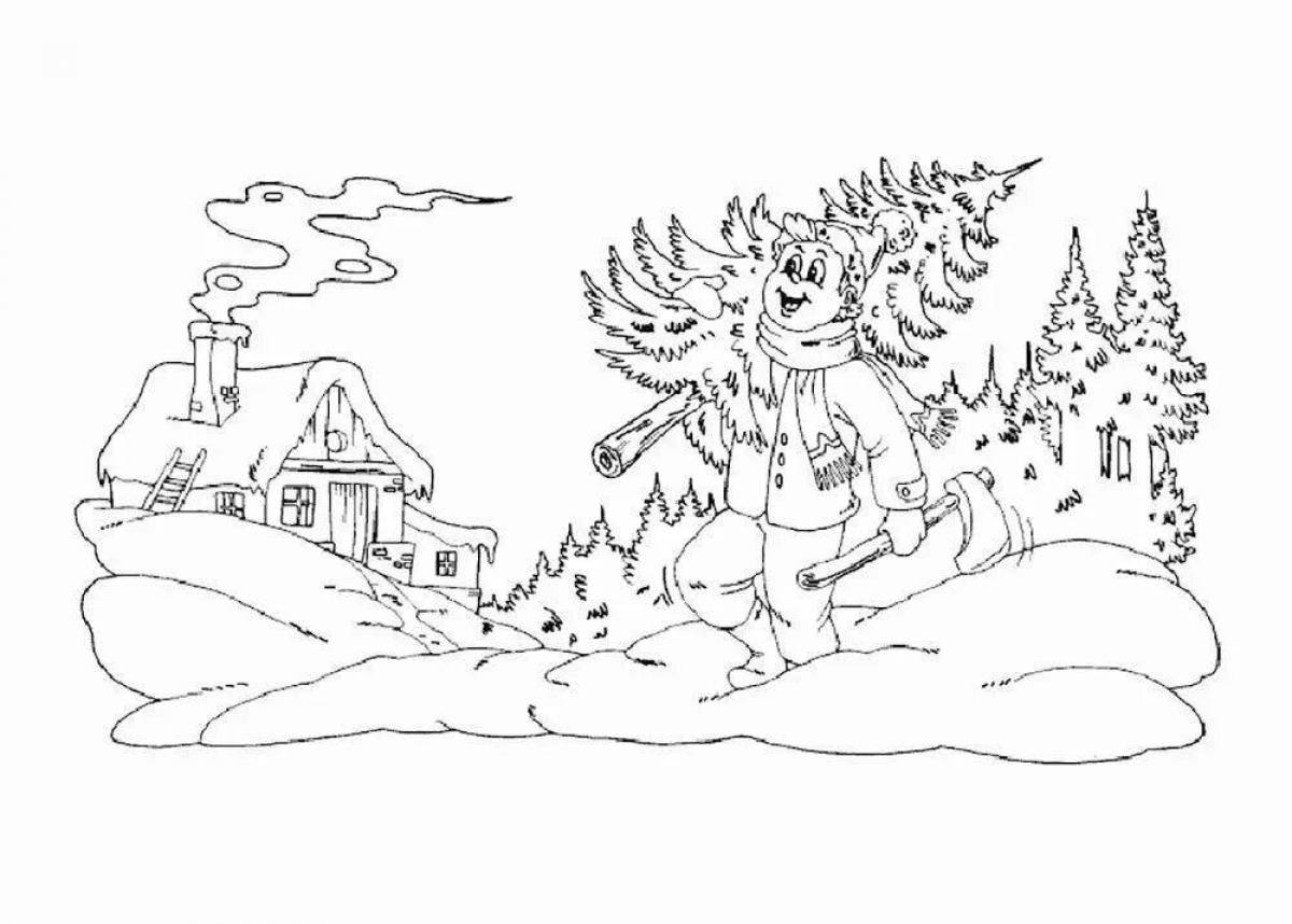 Charming coloring drawing of a winter fairy tale