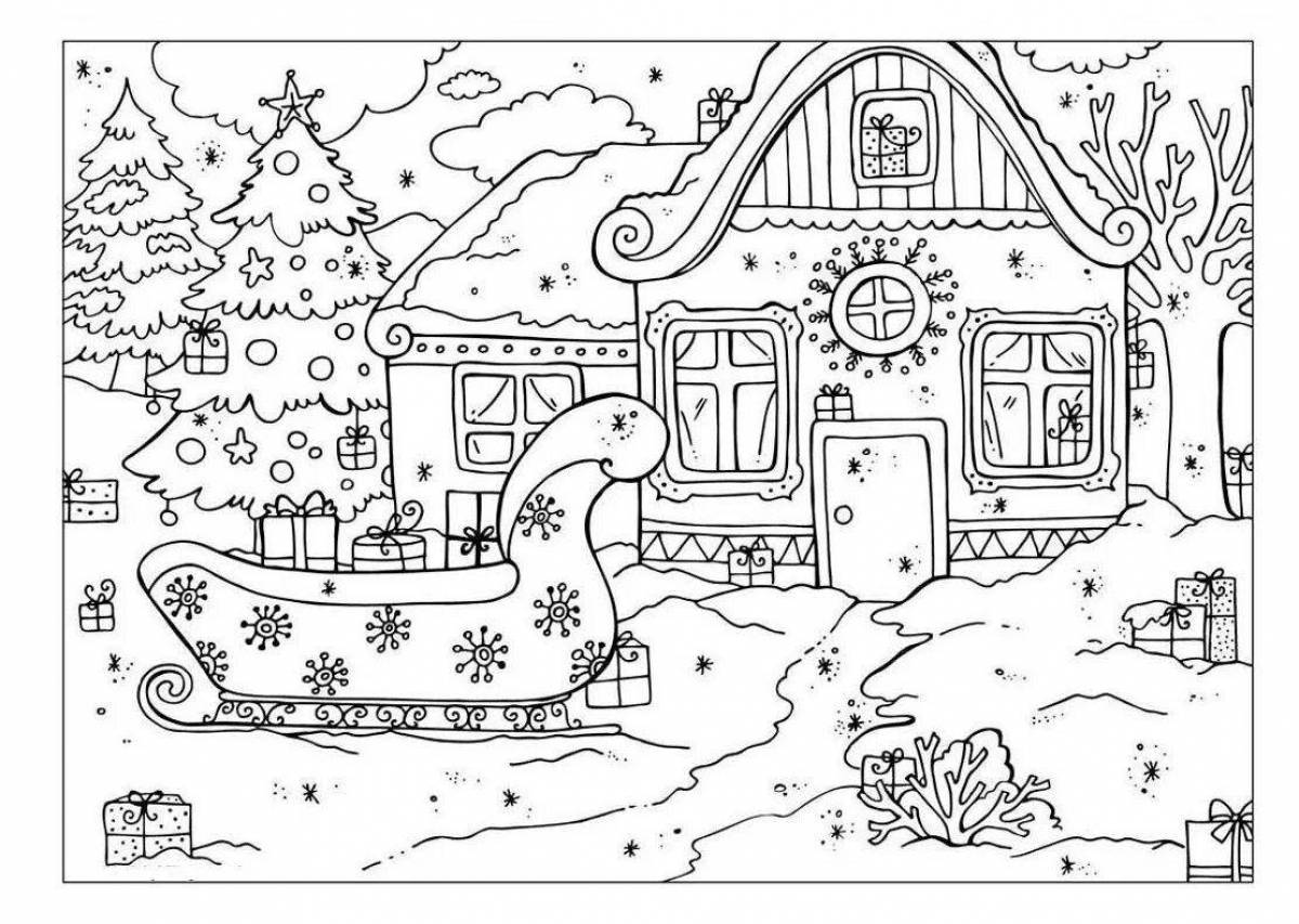 Fairytale coloring drawing of a winter fairy tale
