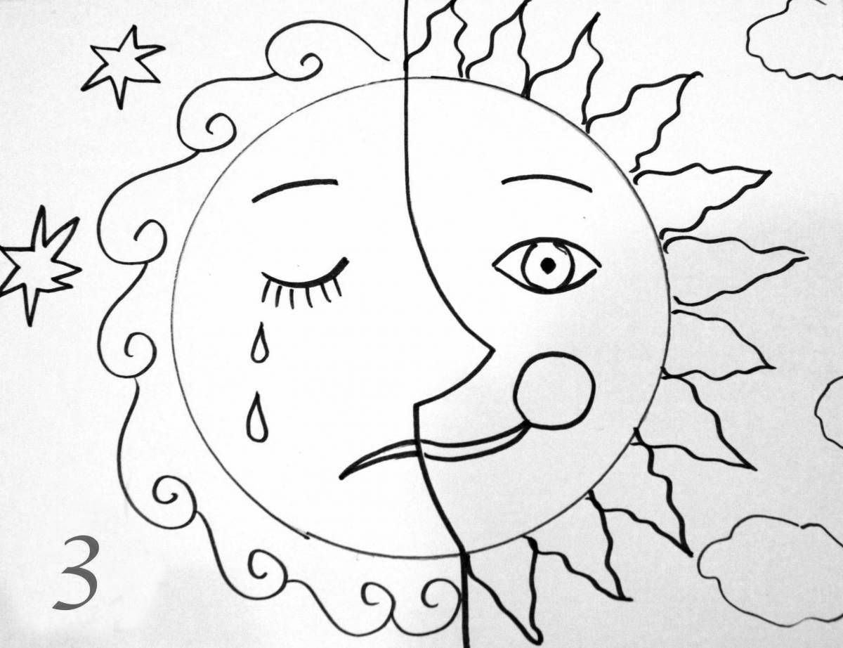 Радиантная раскраска луна и солнце для детей