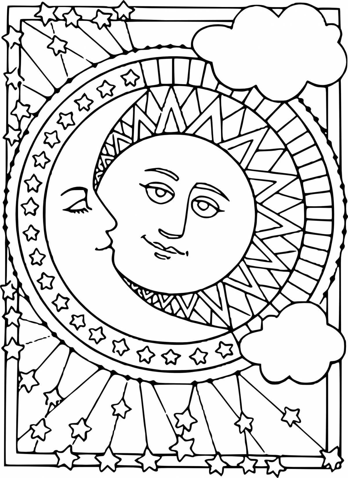 Яркая раскраска луна и солнце для детей
