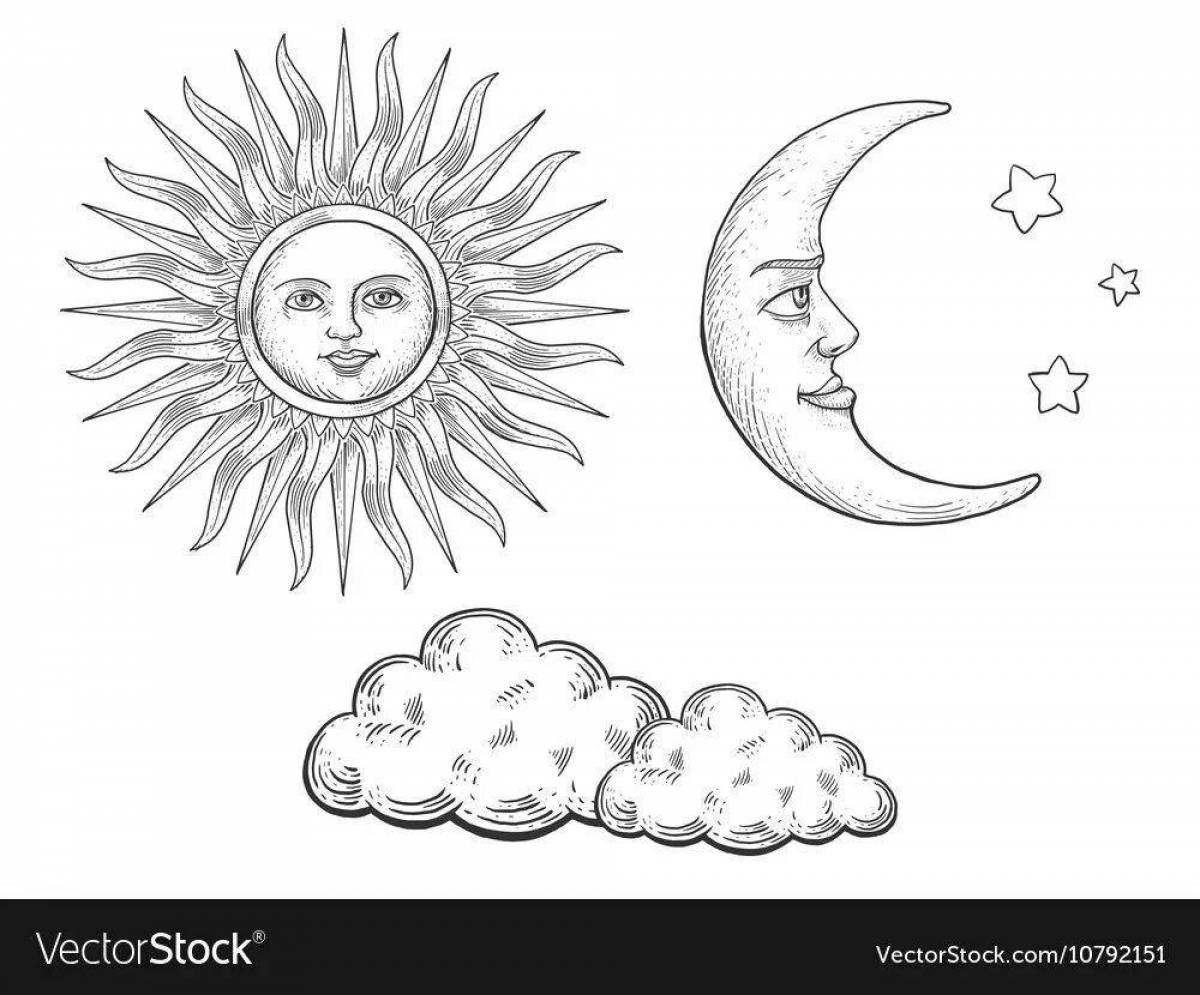 Удивительная раскраска луна и солнце для детей