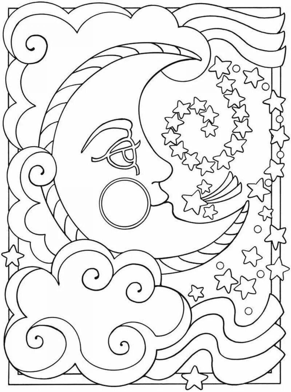 Exotic moon and sun coloring book for kids
