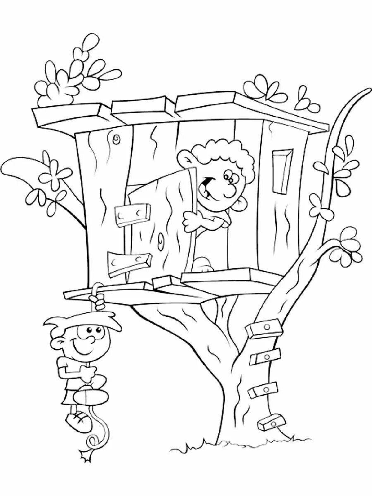 Разукрашка домик на дереве