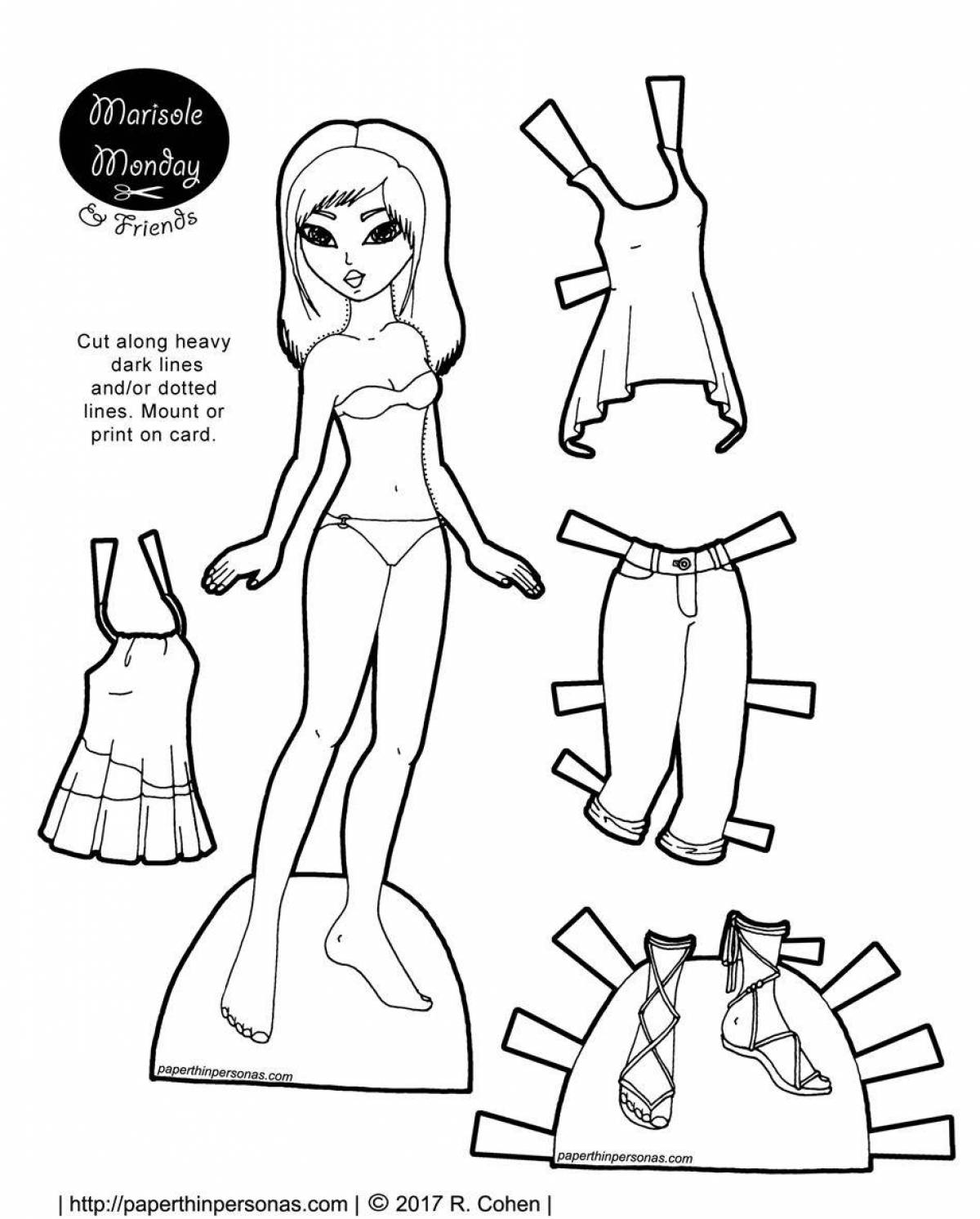 Coloring paper barbie doll with clothes to cut out