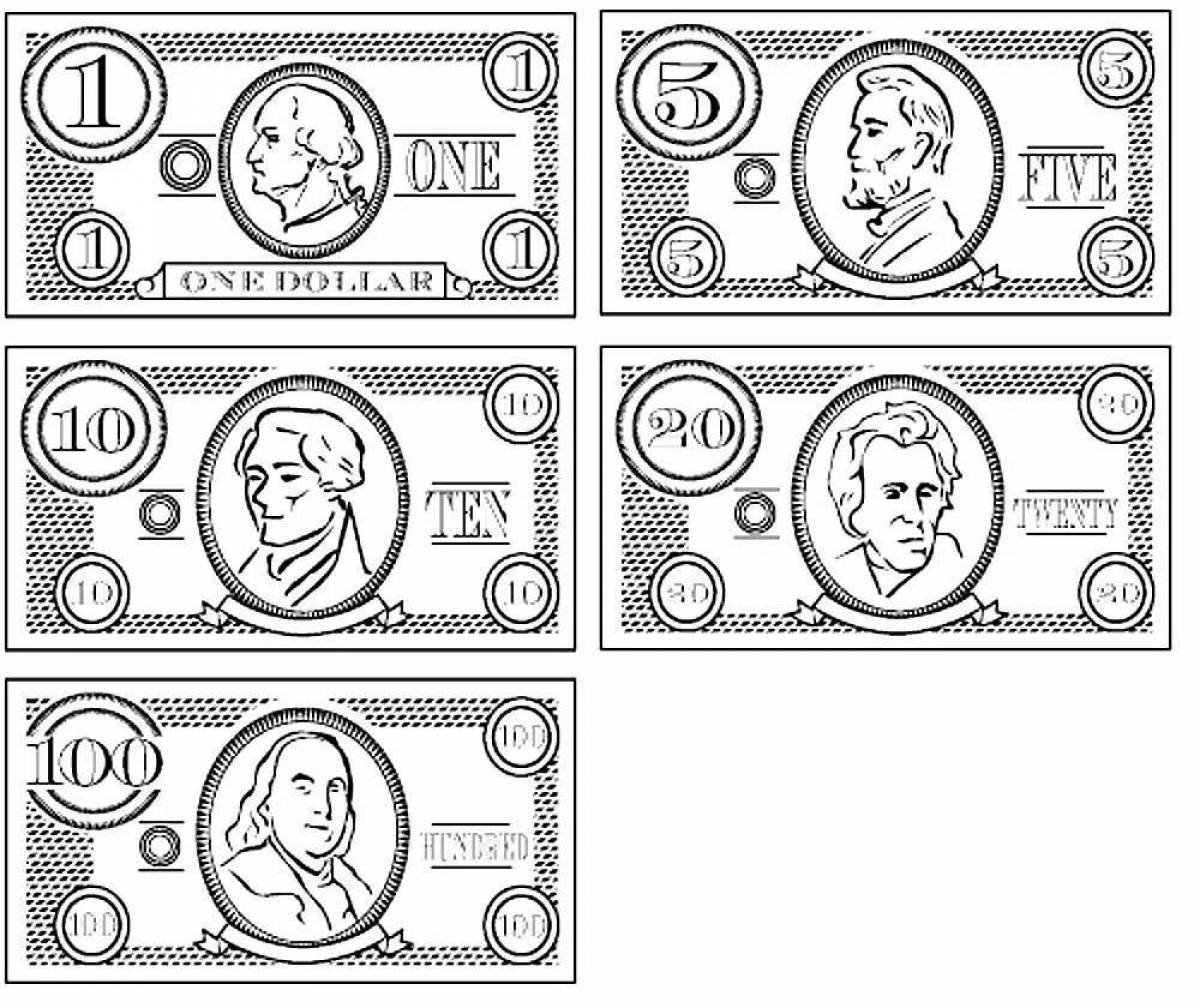 Colorful paper money coloring pages