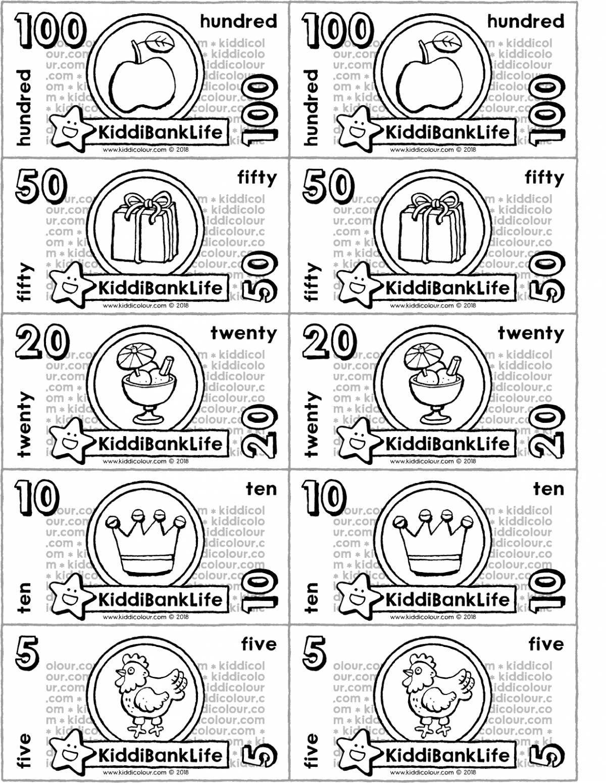 Playful paper money coloring page