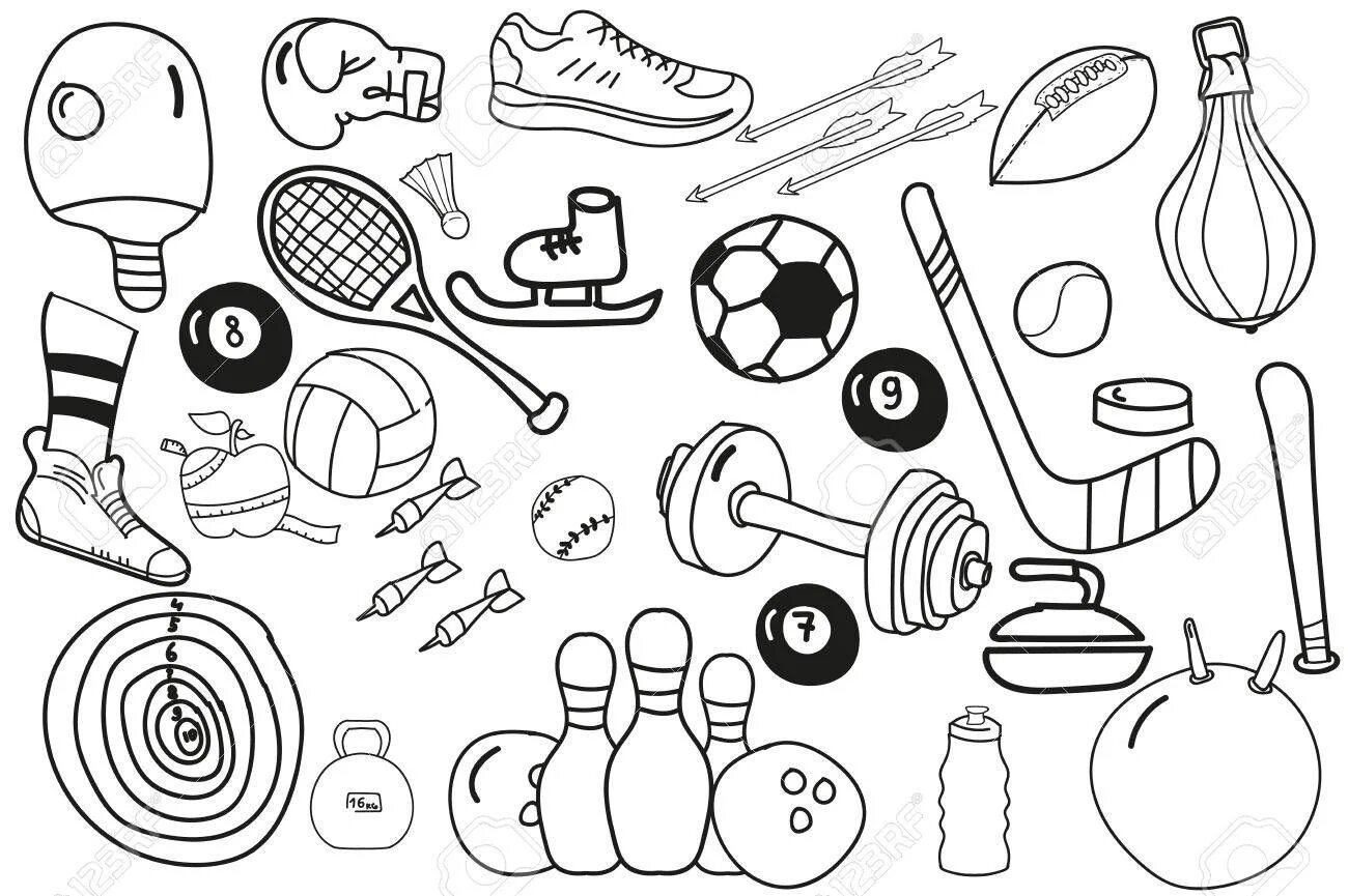 Vibrant sports equipment coloring page for kids