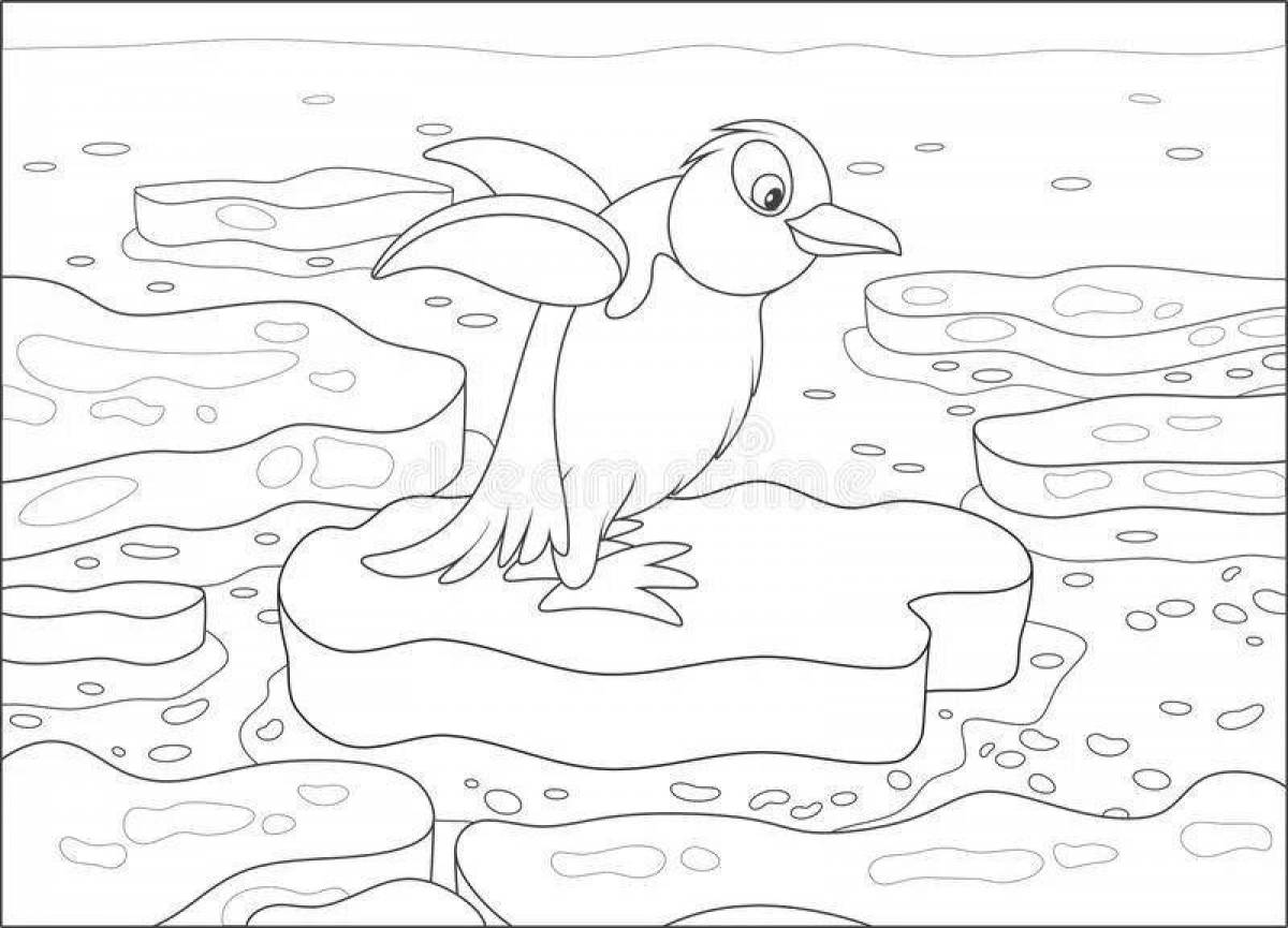 Majestic penguin coloring page on ice