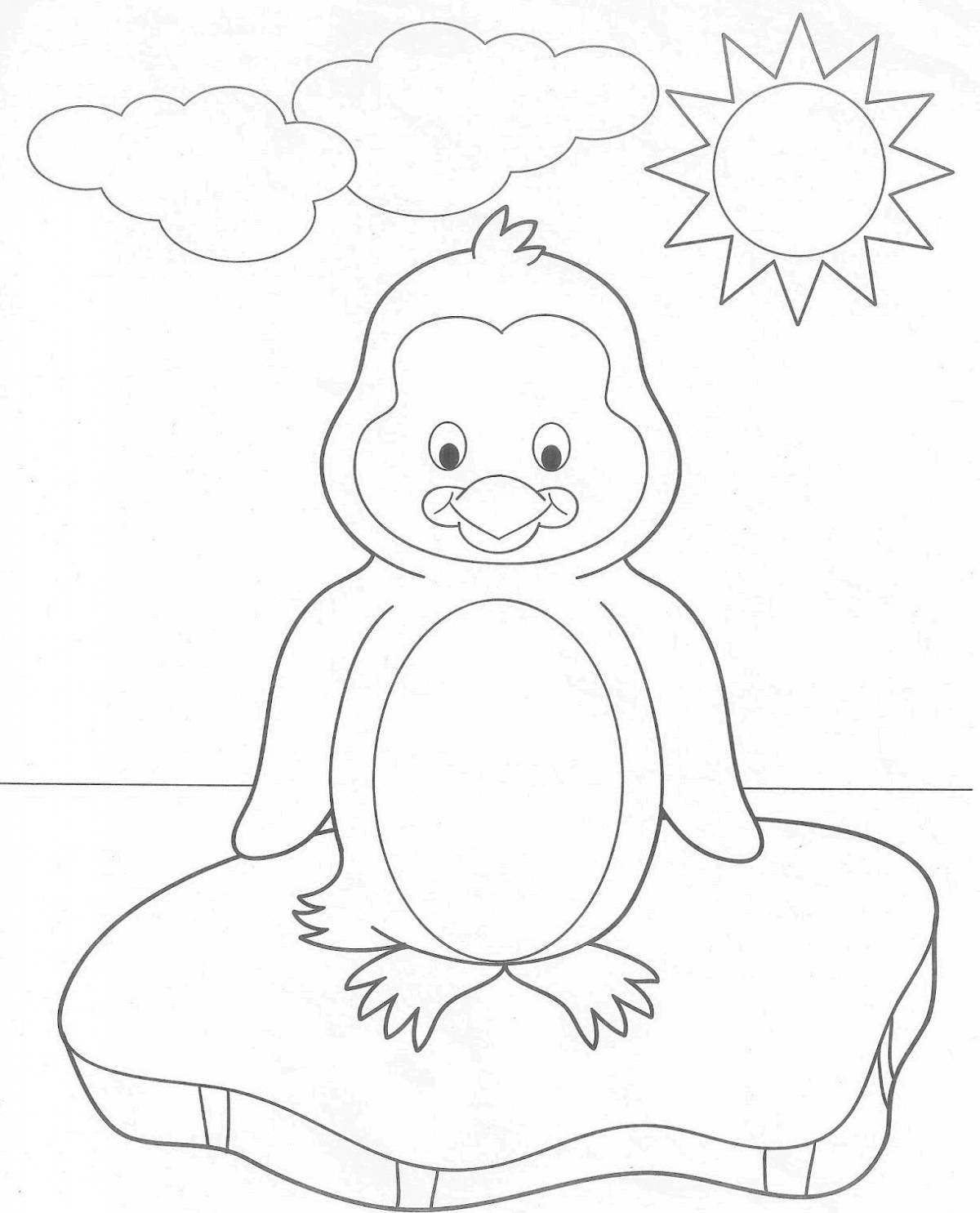 Coloring page playful penguin on ice