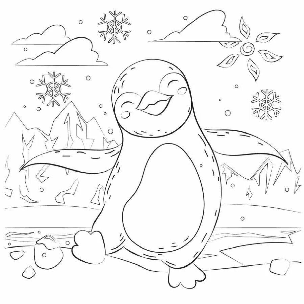 Coloring page happy penguin on ice