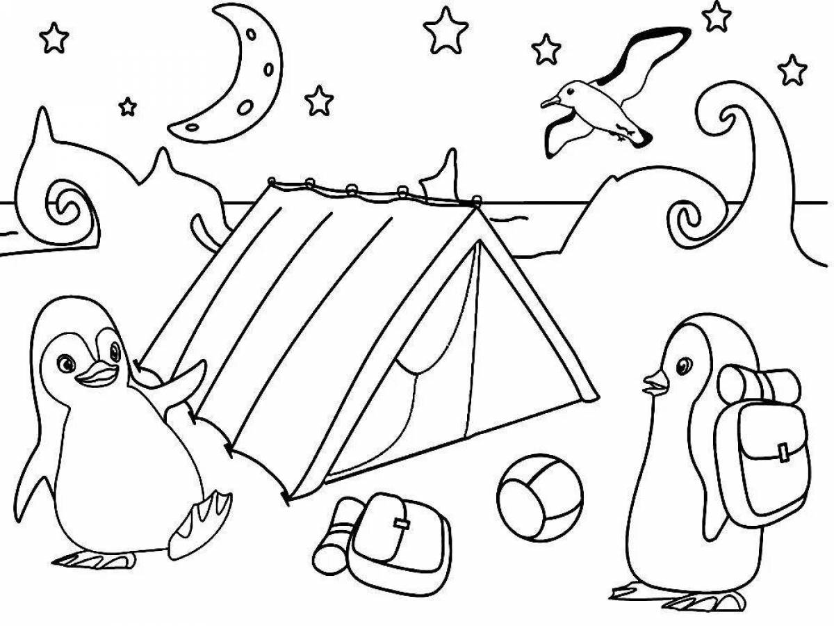 Coloring page funny penguin on ice