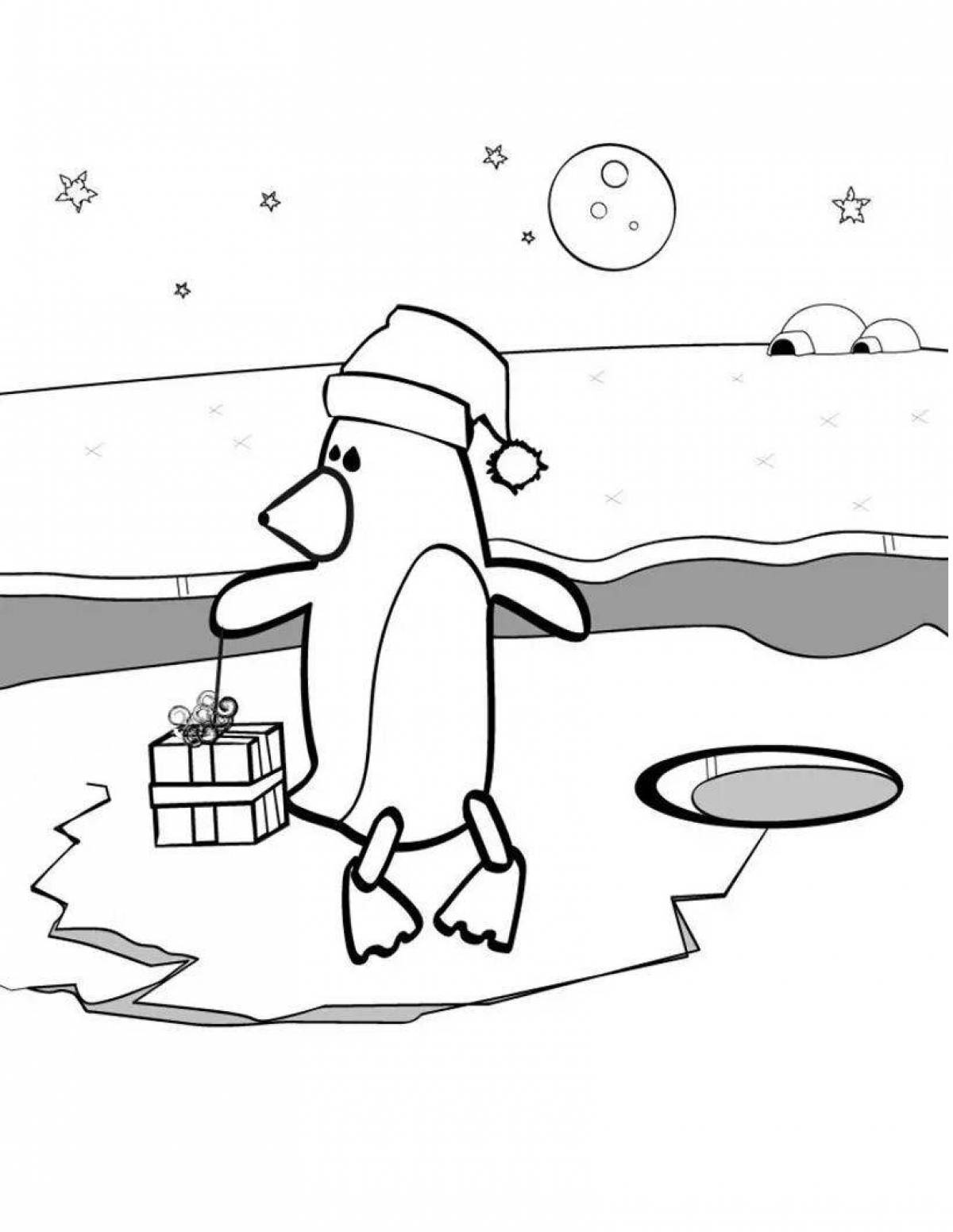 Coloring book of live penguin on ice