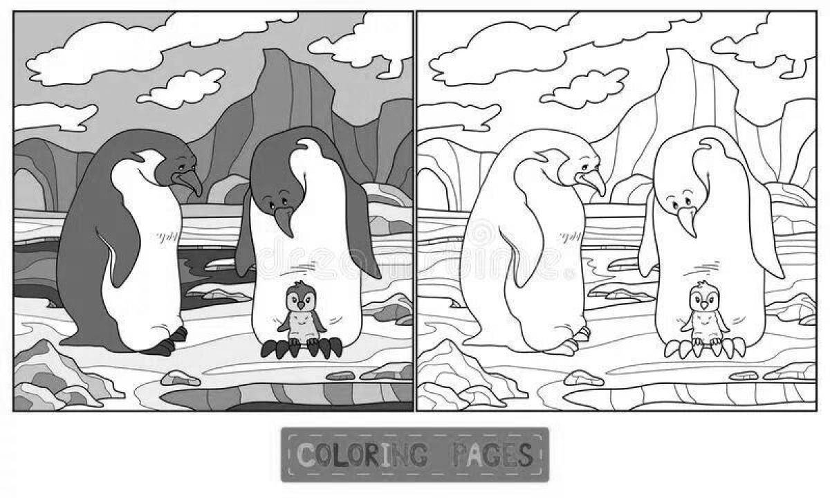 Glitter penguin coloring page on ice