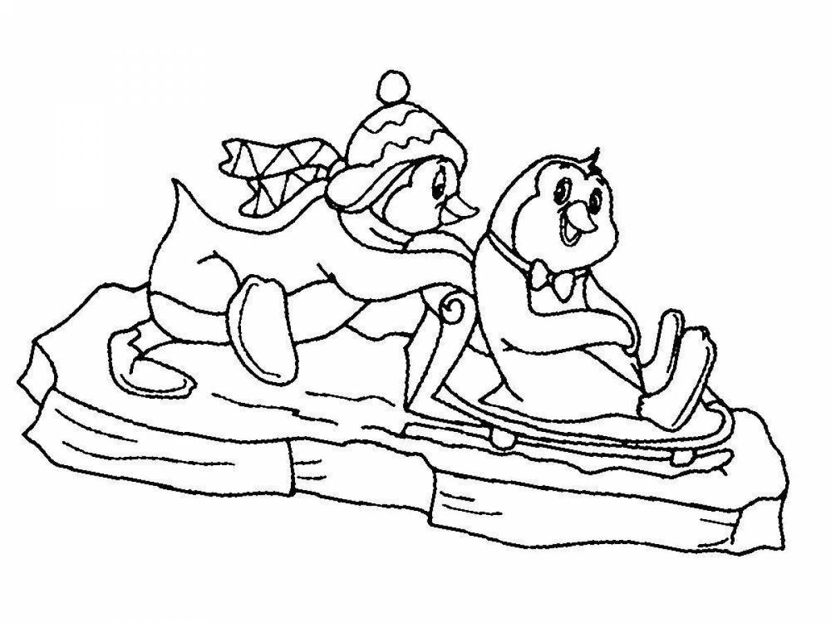 Glittering penguin coloring page on ice