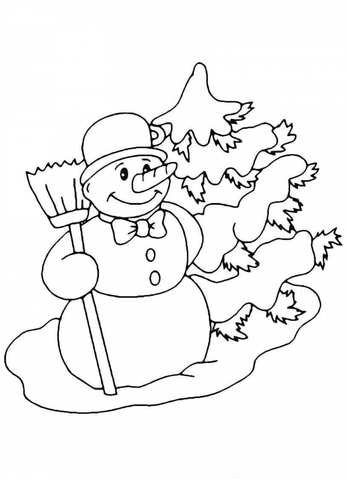 Раскраска Дети и снеговик под елкой